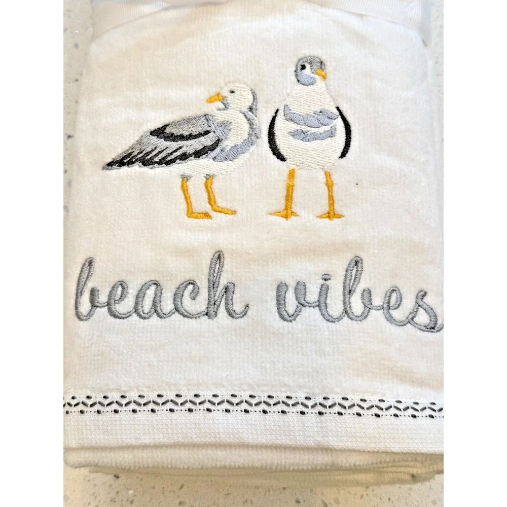Shoreline Seagulls Beach Vibes Hand Towels Embroidered Bathroom Summer Set of 2